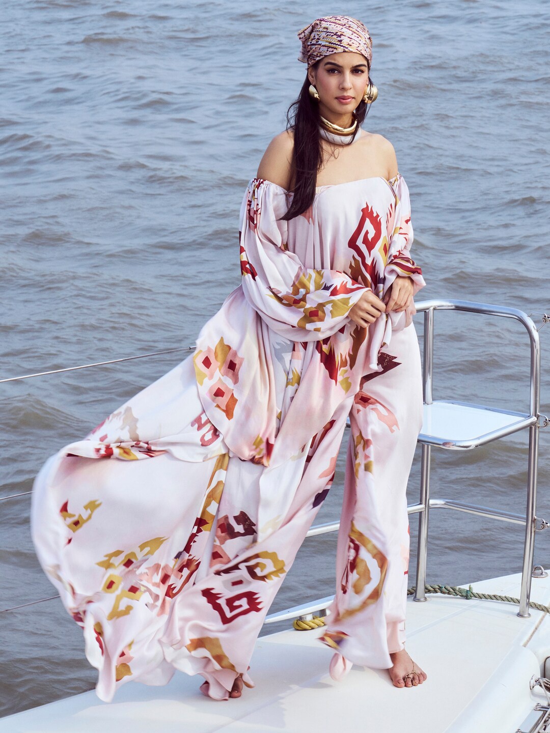 

NIRMOOHA Abstract Printed Off-Shoulder Satin Tunic, Peach