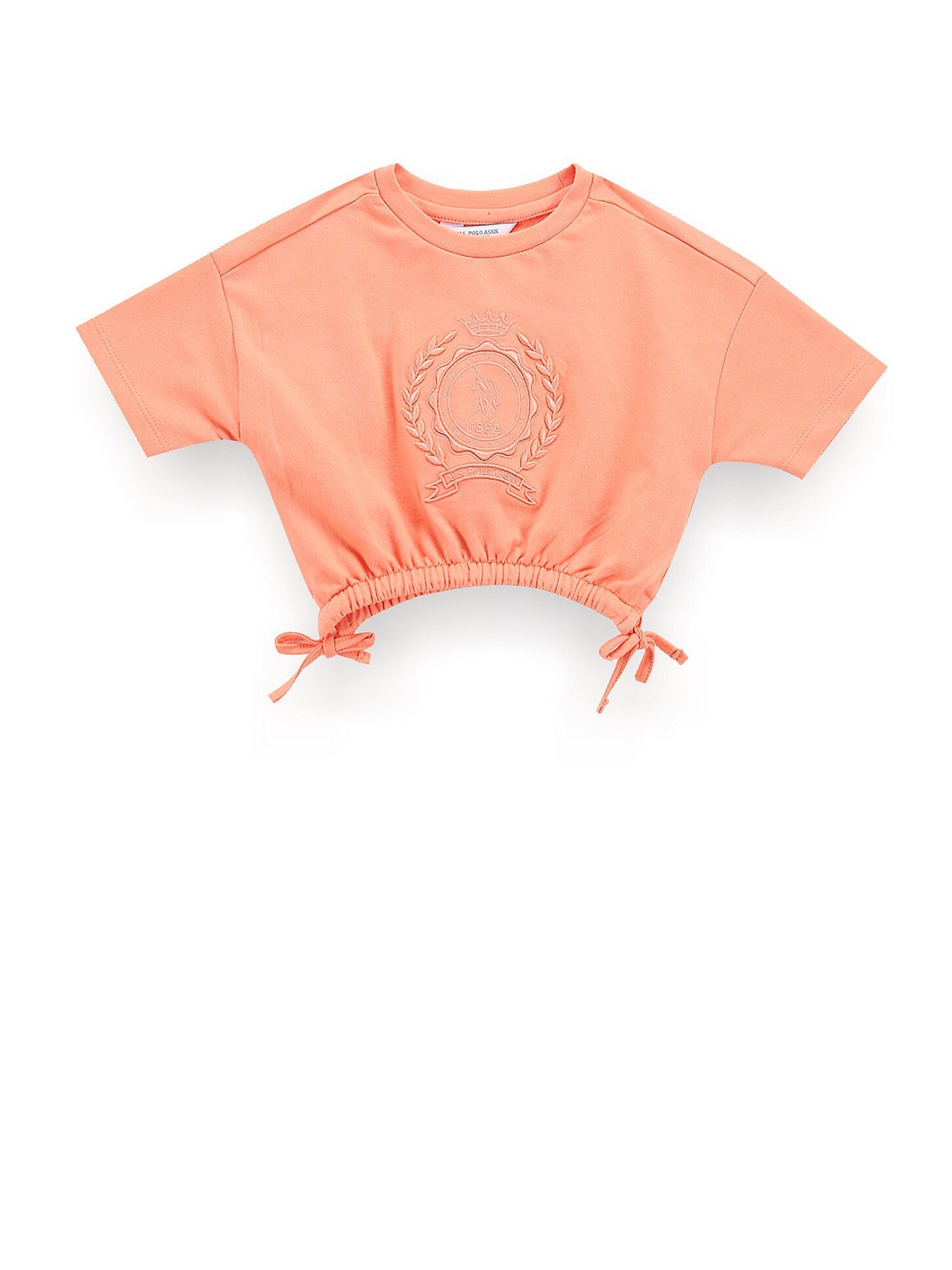 

U.S. Polo Assn. Kids Girls Graphic Embroidered Tie-Ups Detail Pure Cotton Crop Top, Orange