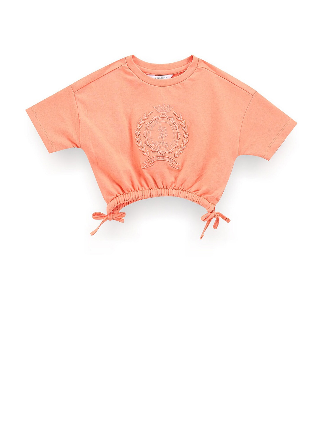 

U.S. Polo Assn. Kids Girls Graphic Self Design Pure Cotton Crop Top, Orange