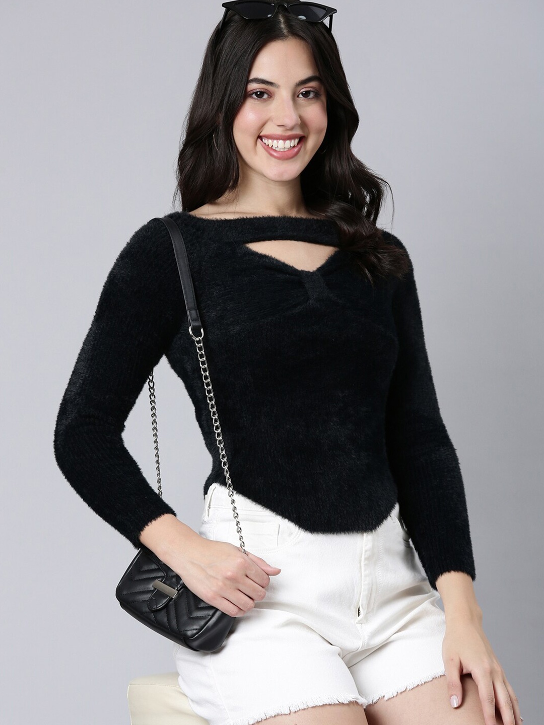 

SHOWOFF Self Design Boat Neck Cut Out Top, Navy blue