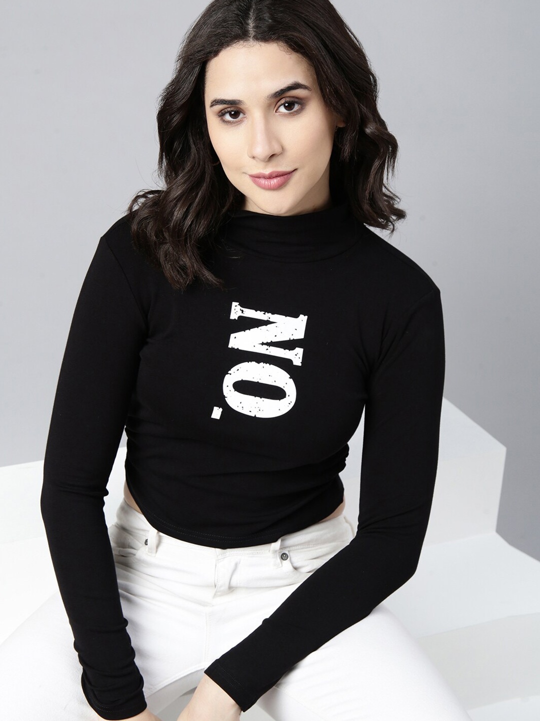 

SHOWOFF Typography Printed High Neck Long Sleeves Crop Fitted Top, Black