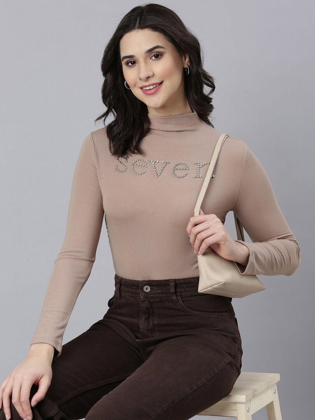 

SHOWOFF Studded High Neck Top, Beige