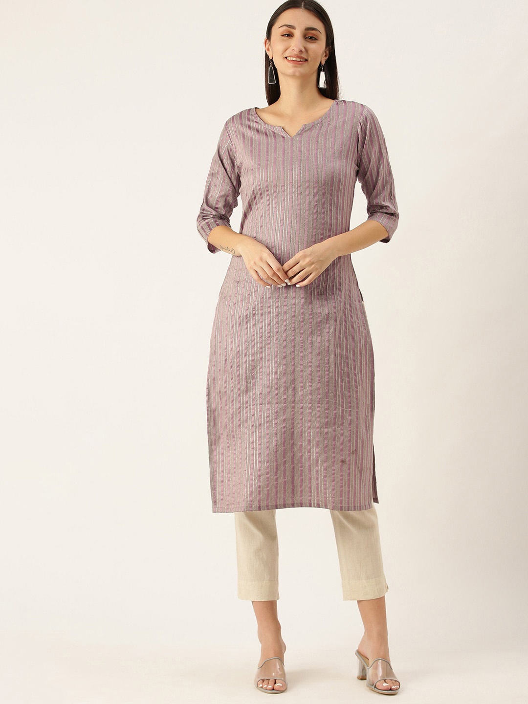 

Saanjh Striped V-Neck Straight Kurta, Lavender