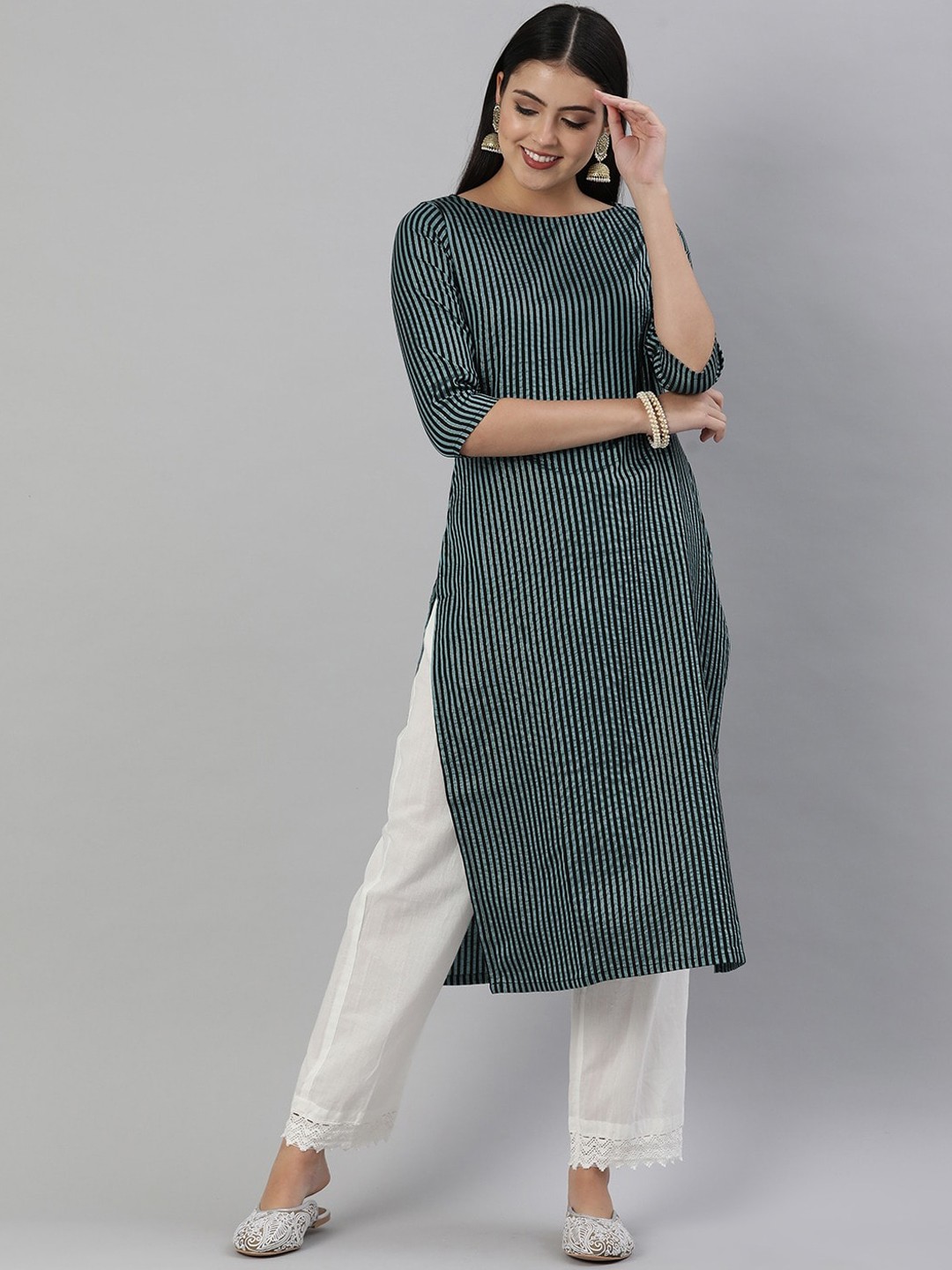 

Saanjh Striped Boat Neck Straight Kurta, Turquoise blue