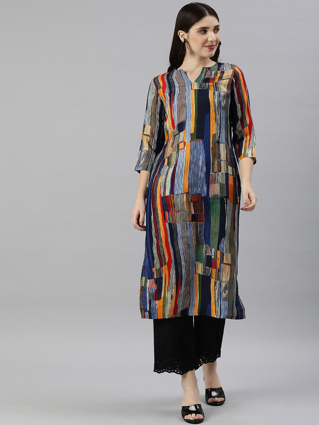 

Saanjh Blue & Orange Abstract Printed Notch Neck Straight Kurta