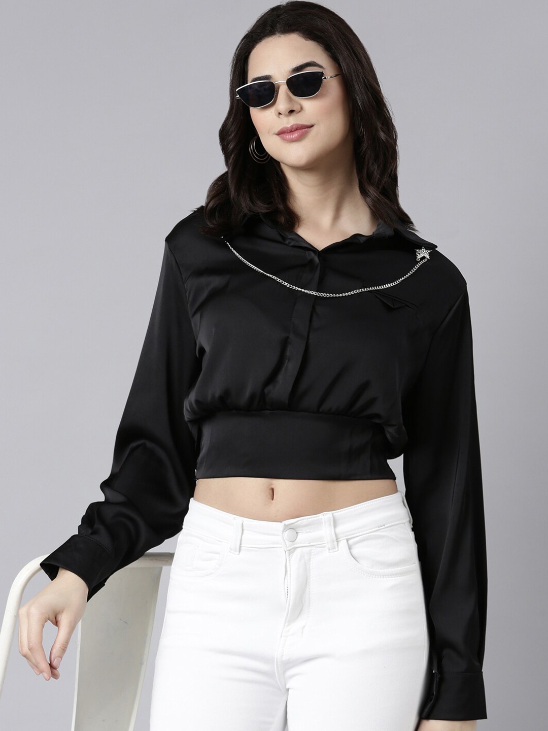 

SHOWOFF Shirt Collar Cuffed Sleeves Blouson Crop Top With Neck Chain, Black