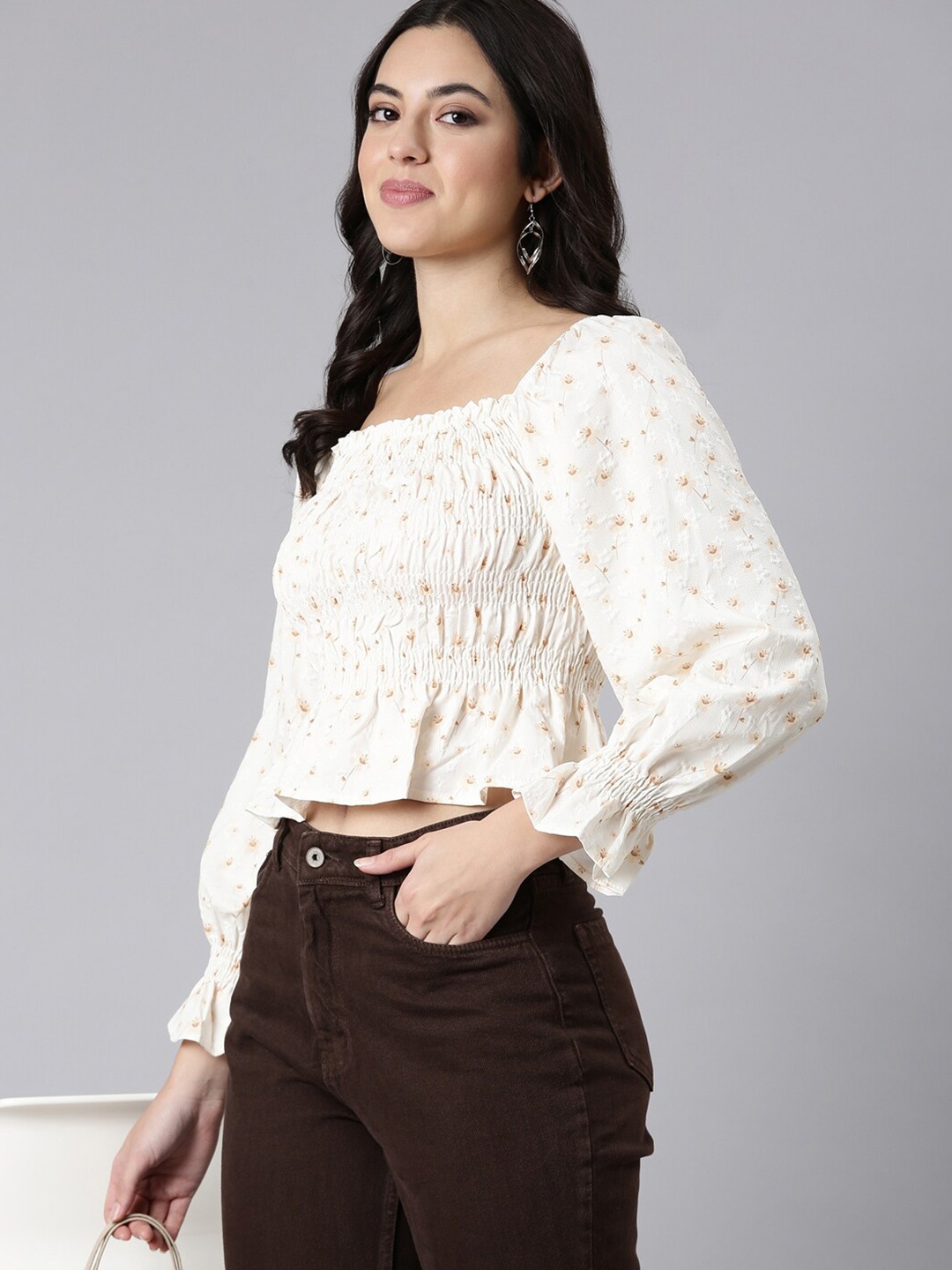 

SHOWOFF Floral Printed Square Neck Puff Sleeve Smocked Crepe Peplum Crop Top, Cream