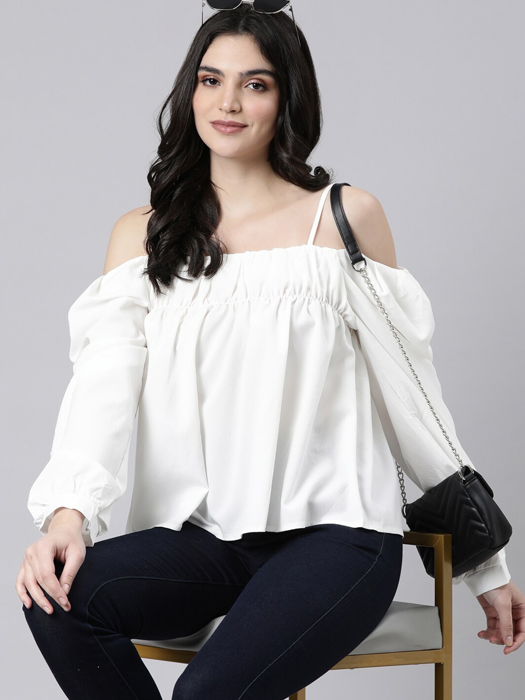 

SHOWOFF Cold-Shoulder Gathered Crepe Bardot Top, Off white