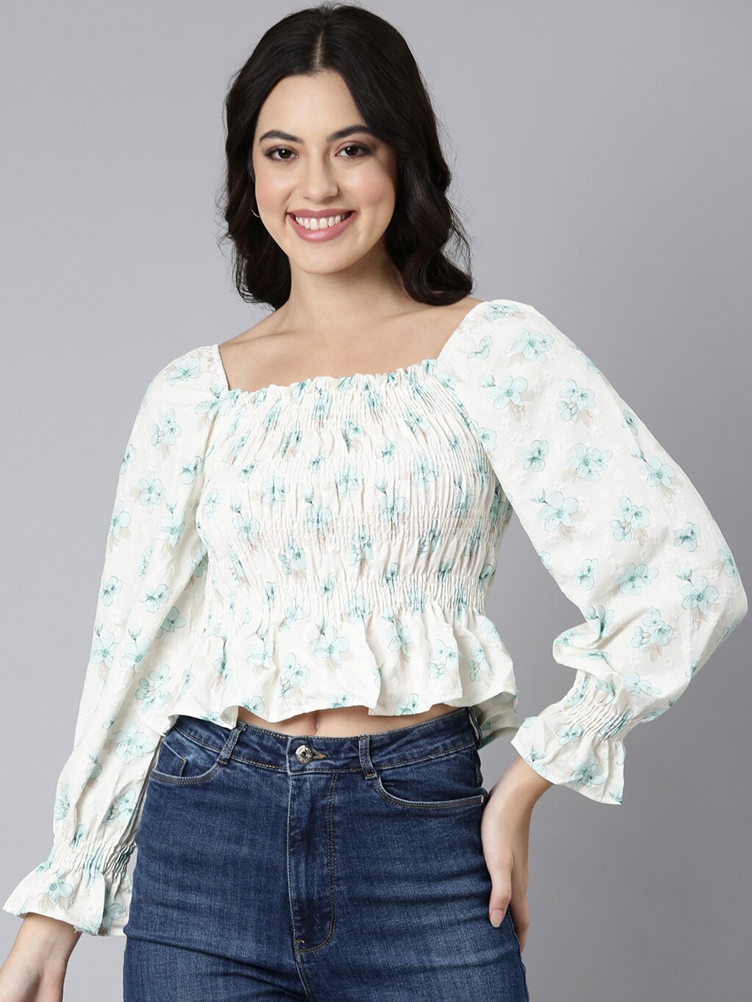 

SHOWOFF Floral Printed Square Neck Puff Sleeves Crop Fitted Top, Sea green
