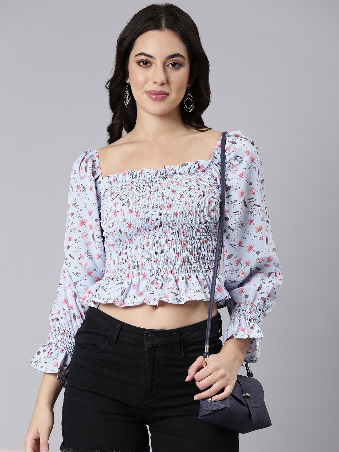 

SHOWOFF Floral Printed Square Neck Puff Sleeve Smocked Crepe Peplum Crop Top, Blue