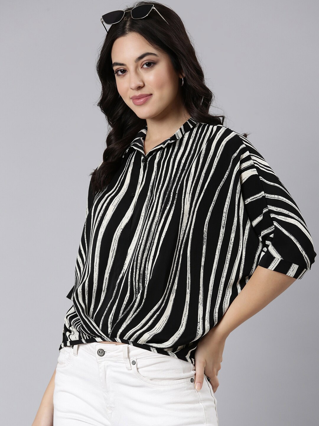 

SHOWOFF Striped Batwing Sleeve Crepe Shirt Style Over Sized Top, Beige