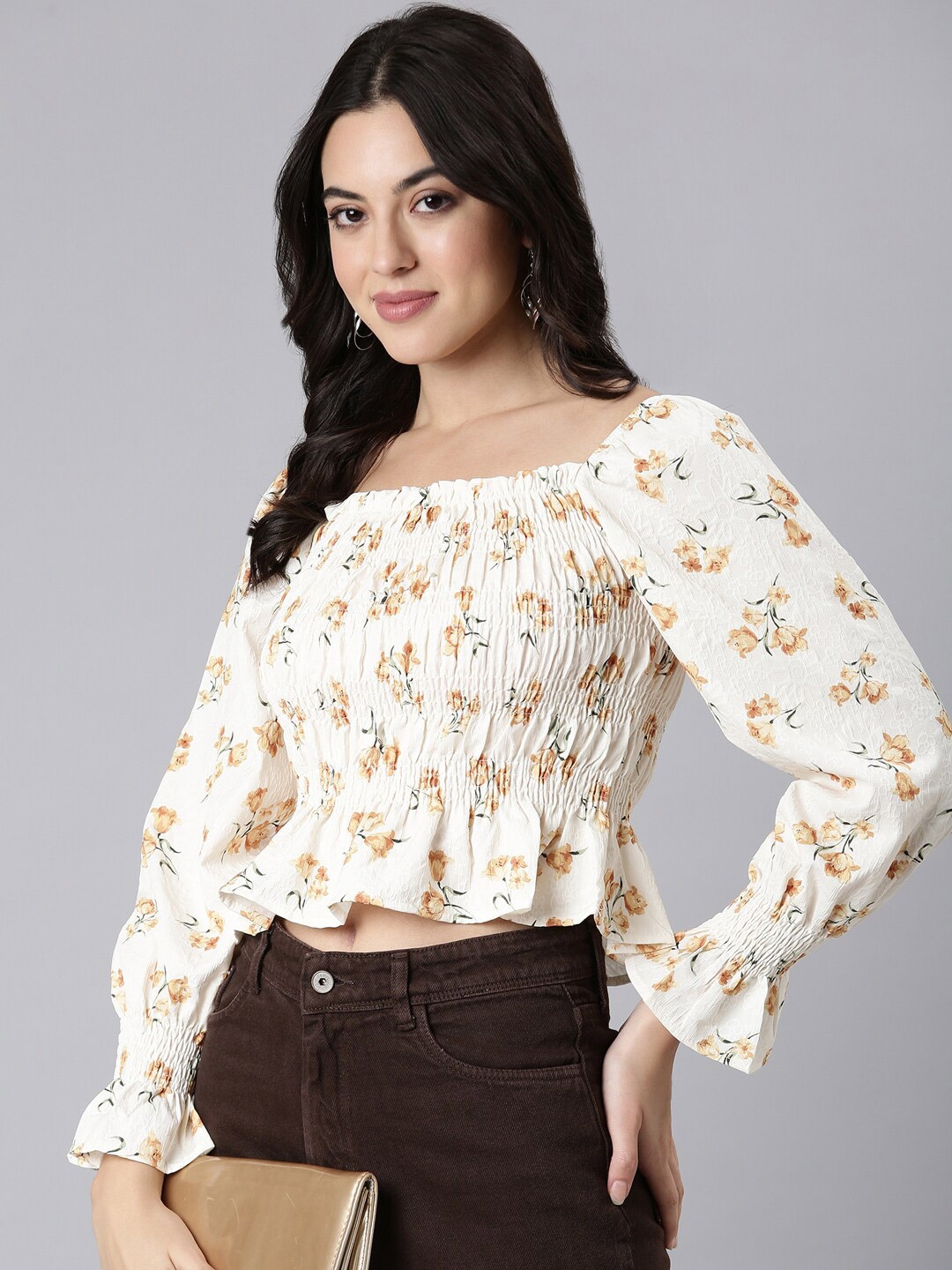 

SHOWOFF Floral Printed Square Neck Puff Sleeves Fitted Crop Top, Mustard