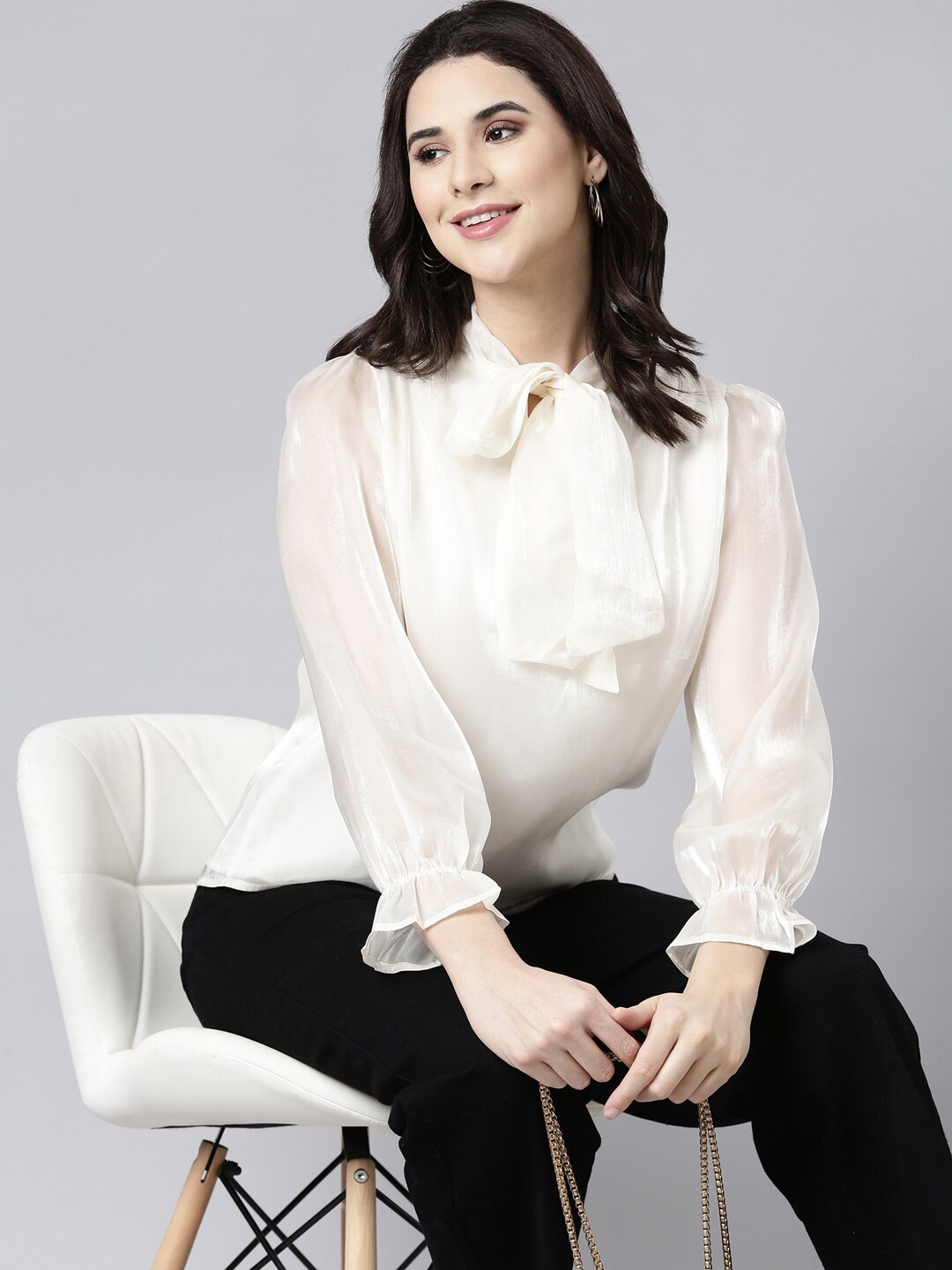

SHOWOFF Tie-Up Neck Puff Sleeve Georgette Regular Top, Cream