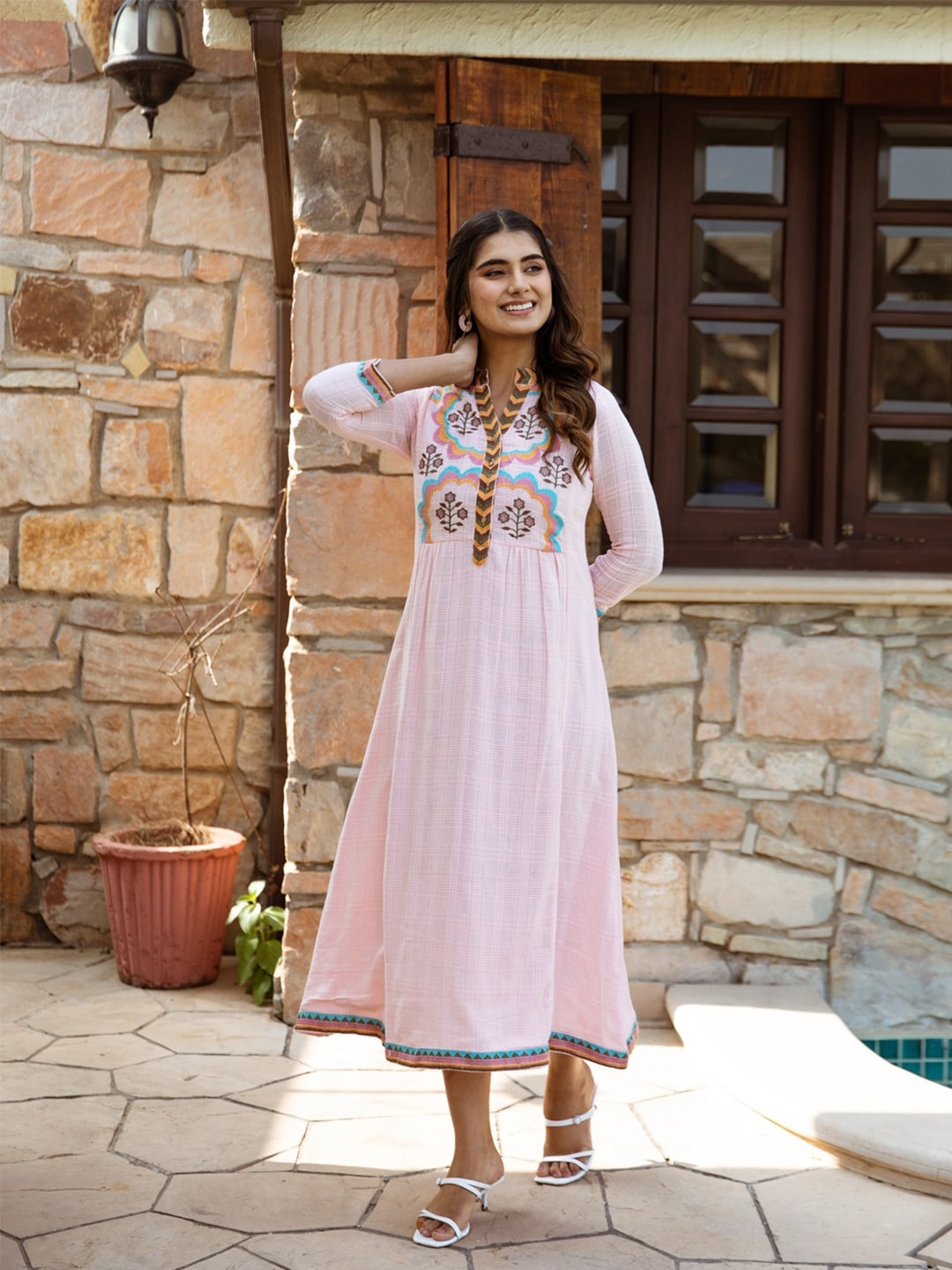 

Aadews V Neck Striped Cotton A-Line Maxi Dress, Pink