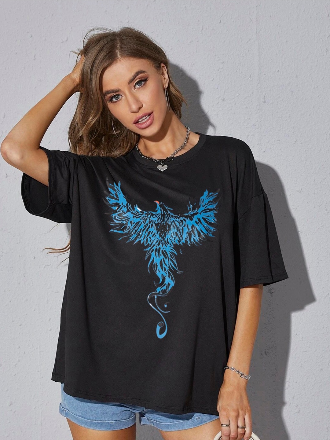 

TRENDY RABBIT Graphic Printed Drop Shoulder Sleeves Cotton Oversized T-shirt, Black