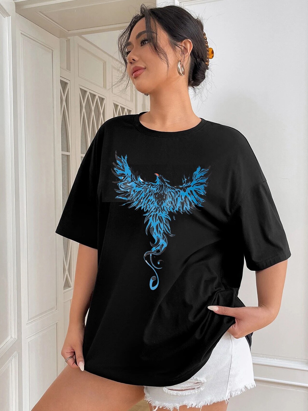 

TRENDY RABBIT Graphic Printed Drop Shoulder Sleeves Cotton Oversized T-shirt, Black