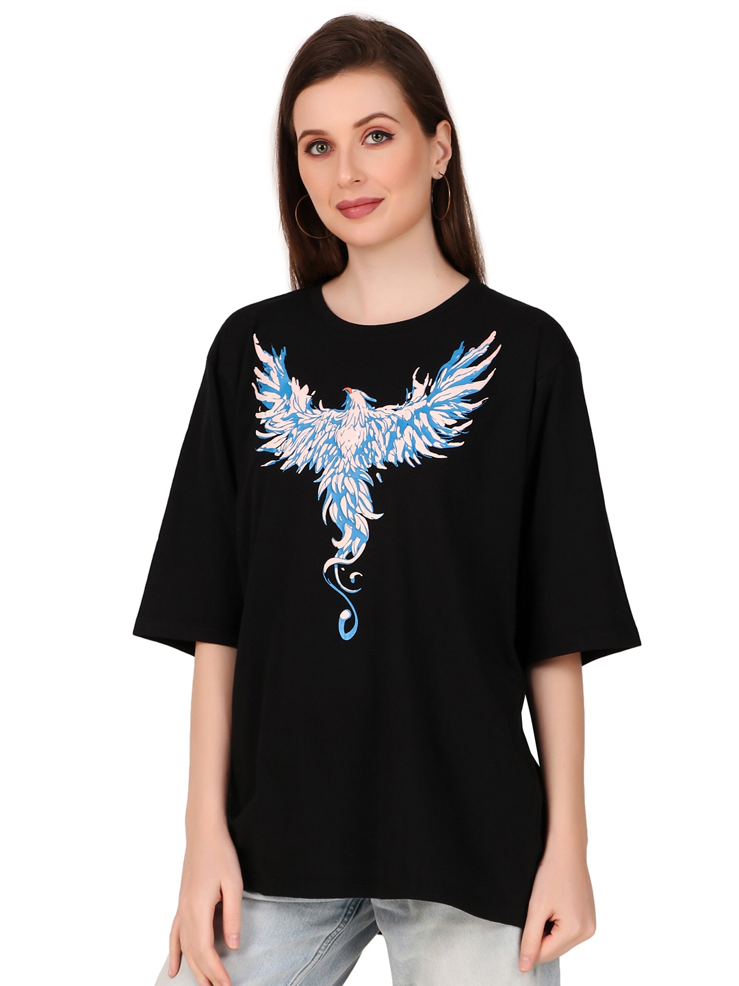 

TRENDY RABBIT Graphic Printed Drop Shoulder Sleeves Cotton Oversized T-shirt, Black