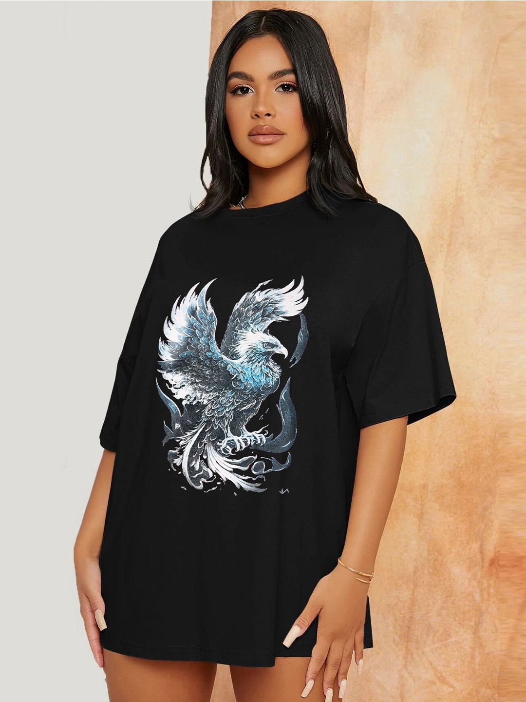 

TRENDY RABBIT Graphic Printed Drop Shoulder Sleeves Cotton Oversized T-shirt, Black