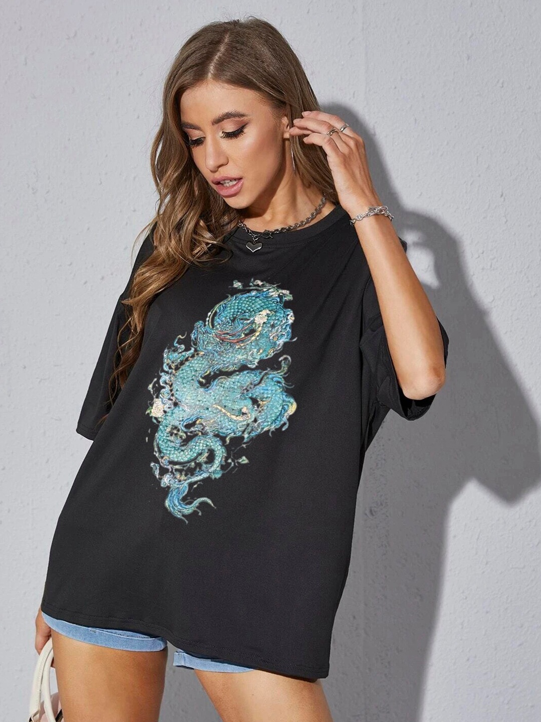 

TRENDY RABBIT Graphic Printed Drop Shoulder Sleeves Cotton Oversized T-shirt, Black