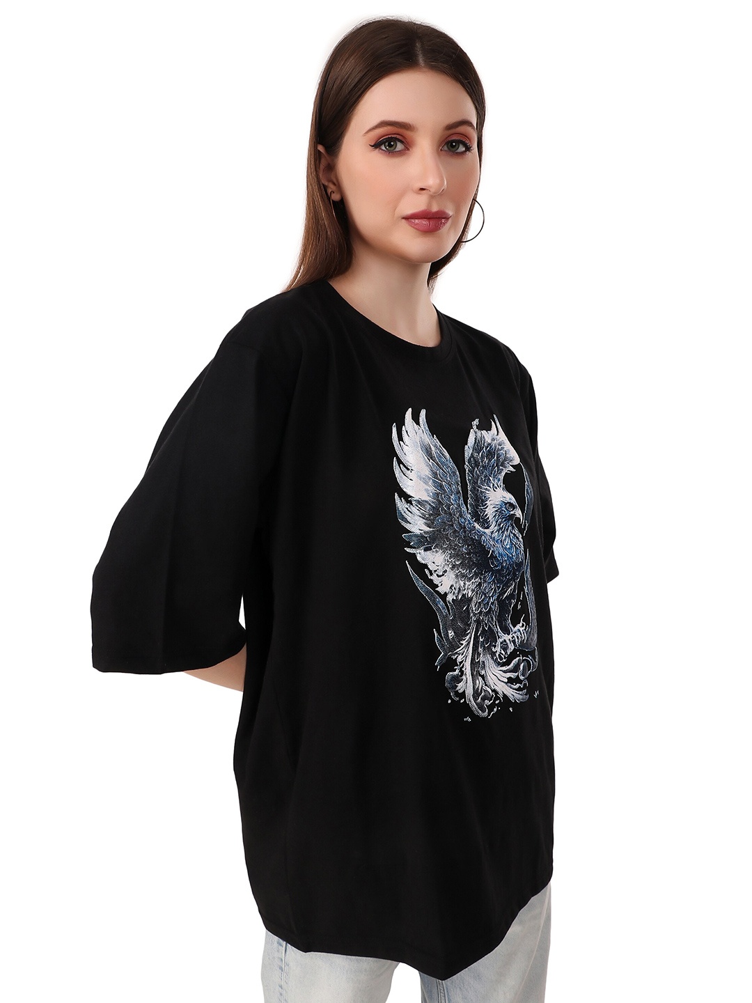 

TRENDY RABBIT Graphic Printed Drop Shoulder Sleeves Cotton Oversized T-shirt, Black