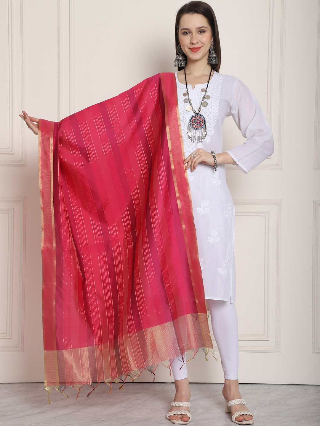 

LOOM LEGACY Striped Art Silk Zari Dupatta, Magenta