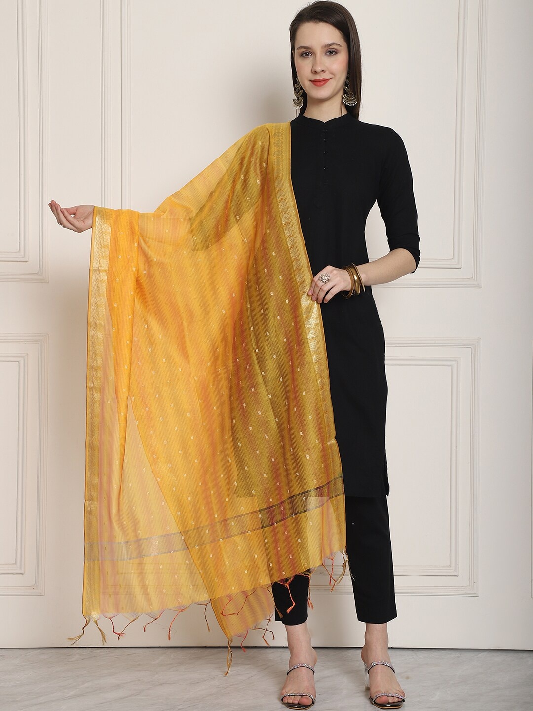 

LOOM LEGACY Polka Dots Woven Design Zari Dupatta, Yellow