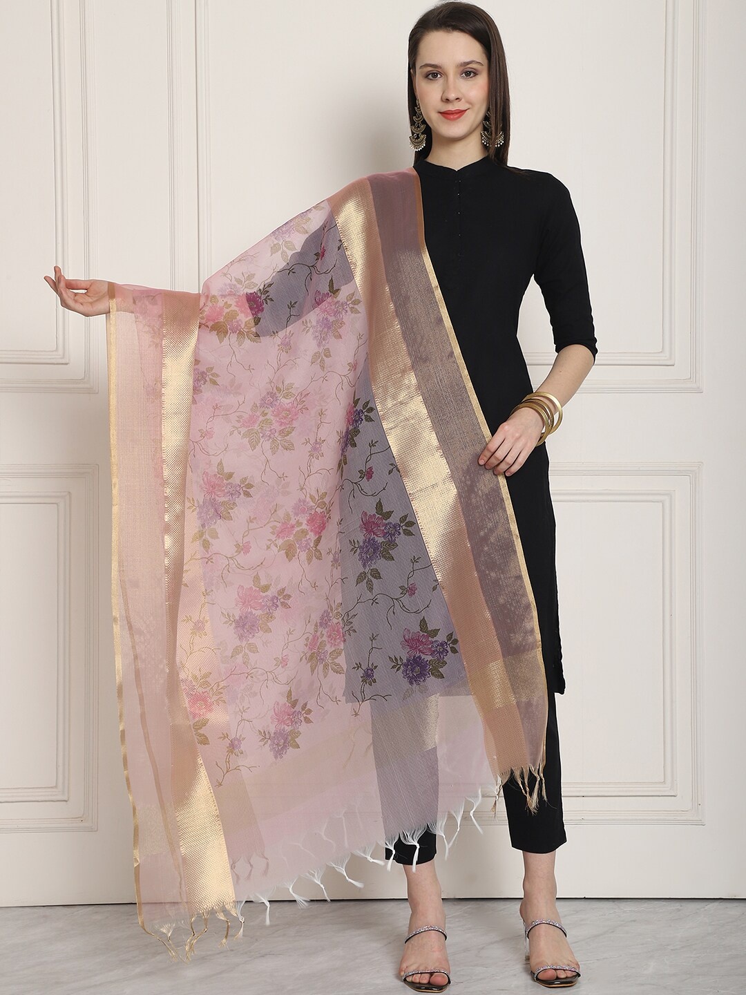 

LOOM LEGACY Floral Printed Zari Organza Dupatta, Pink