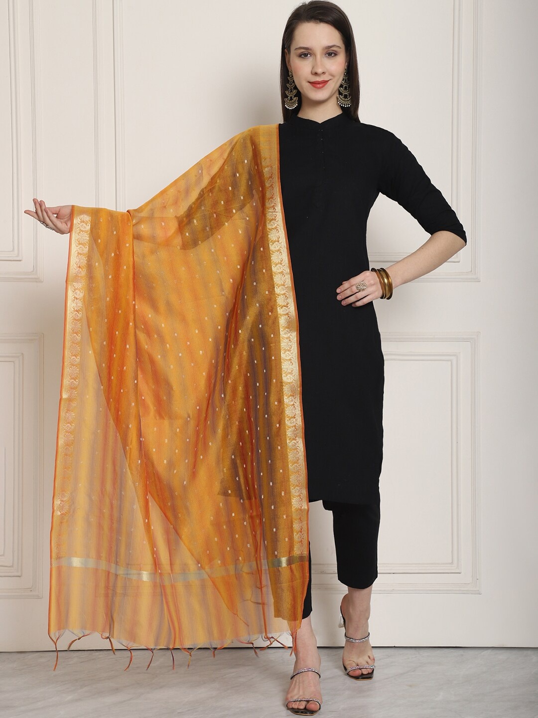 

LOOM LEGACY Ethnic Motifs Woven Design Banarsi Silk Zari Dupatta, Mustard