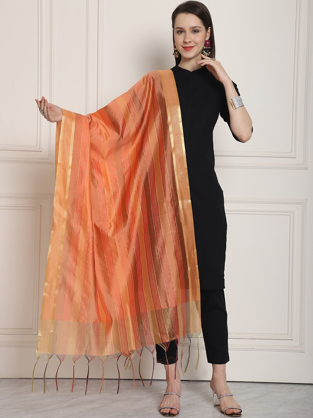 

LOOM LEGACY Striped Woven Design Zari Dupatta, Peach