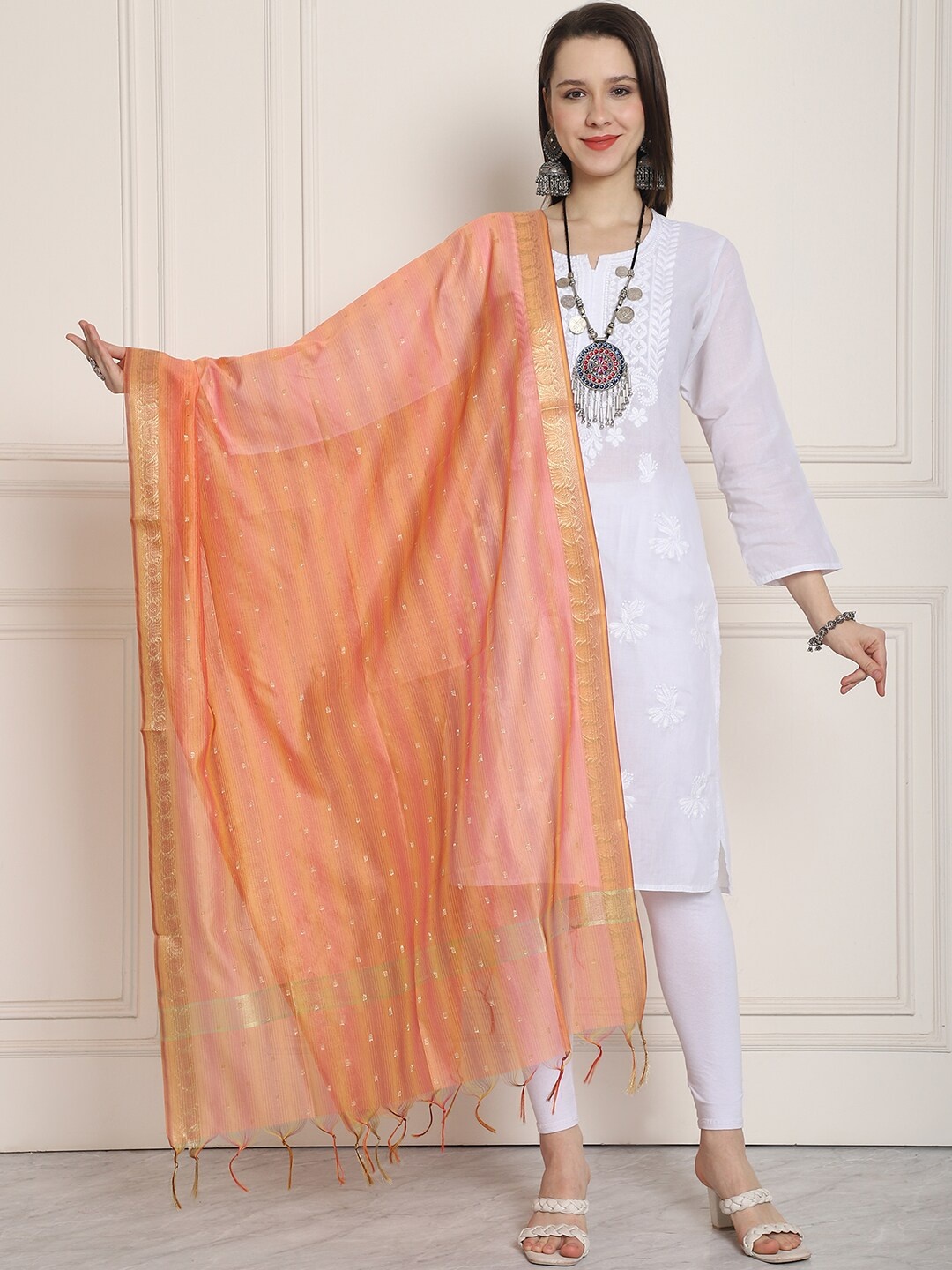 

LOOM LEGACY Polka Dots Woven Design Zari Dupatta, Peach