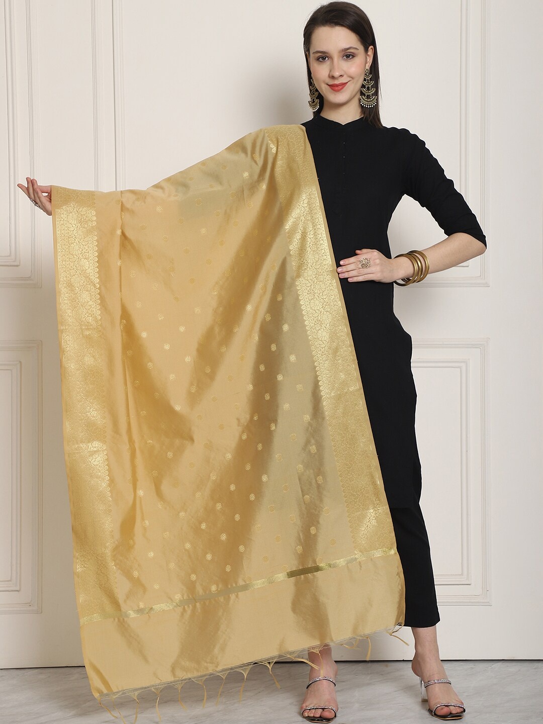 

LOOM LEGACY Ethnic Motifs Woven Design Art Silk Zari Dupatta, Gold