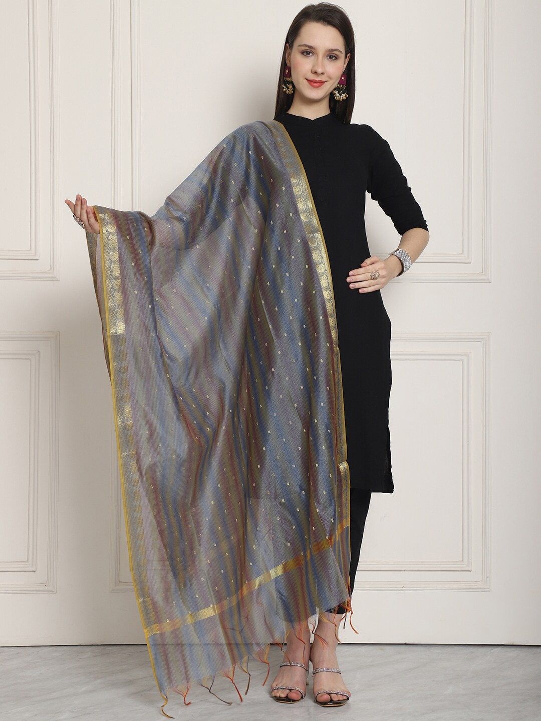 

LOOM LEGACY Ethnic Motifs Woven Design Banarsi Silk Zari Dupatta, Grey