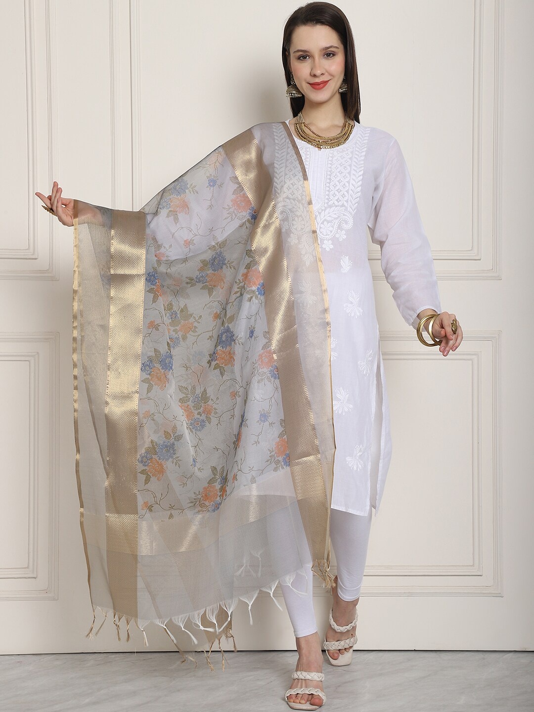 

LOOM LEGACY Floral Printed Zari Organza Dupatta, Grey