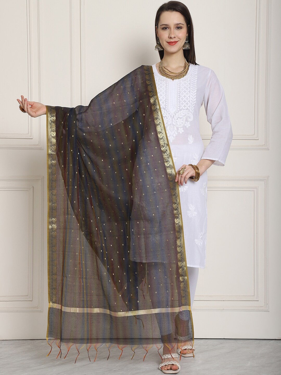 

LOOM LEGACY Polka Dots Woven Design Zari Dupatta, Brown