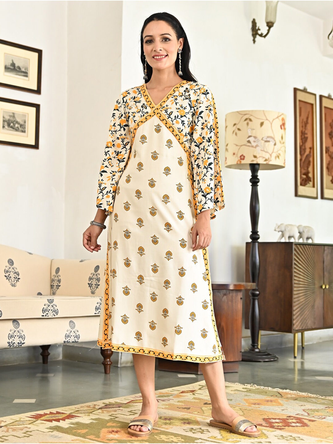 

Rustorange Ethnic Motifs Print A-Line Midi Dress, Cream