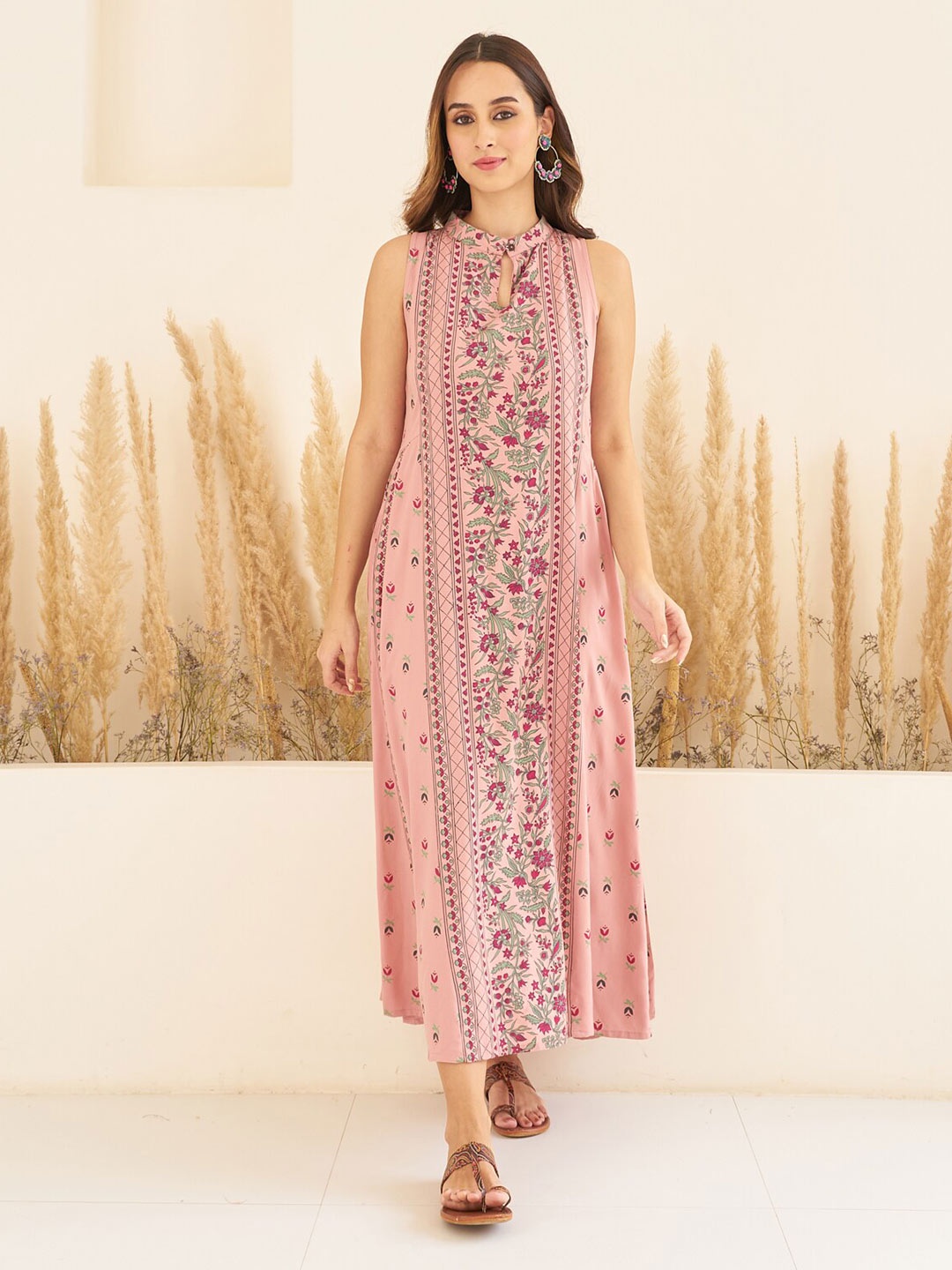 

Rustorange Floral Printed Sleeveless Maxi Dress, Pink