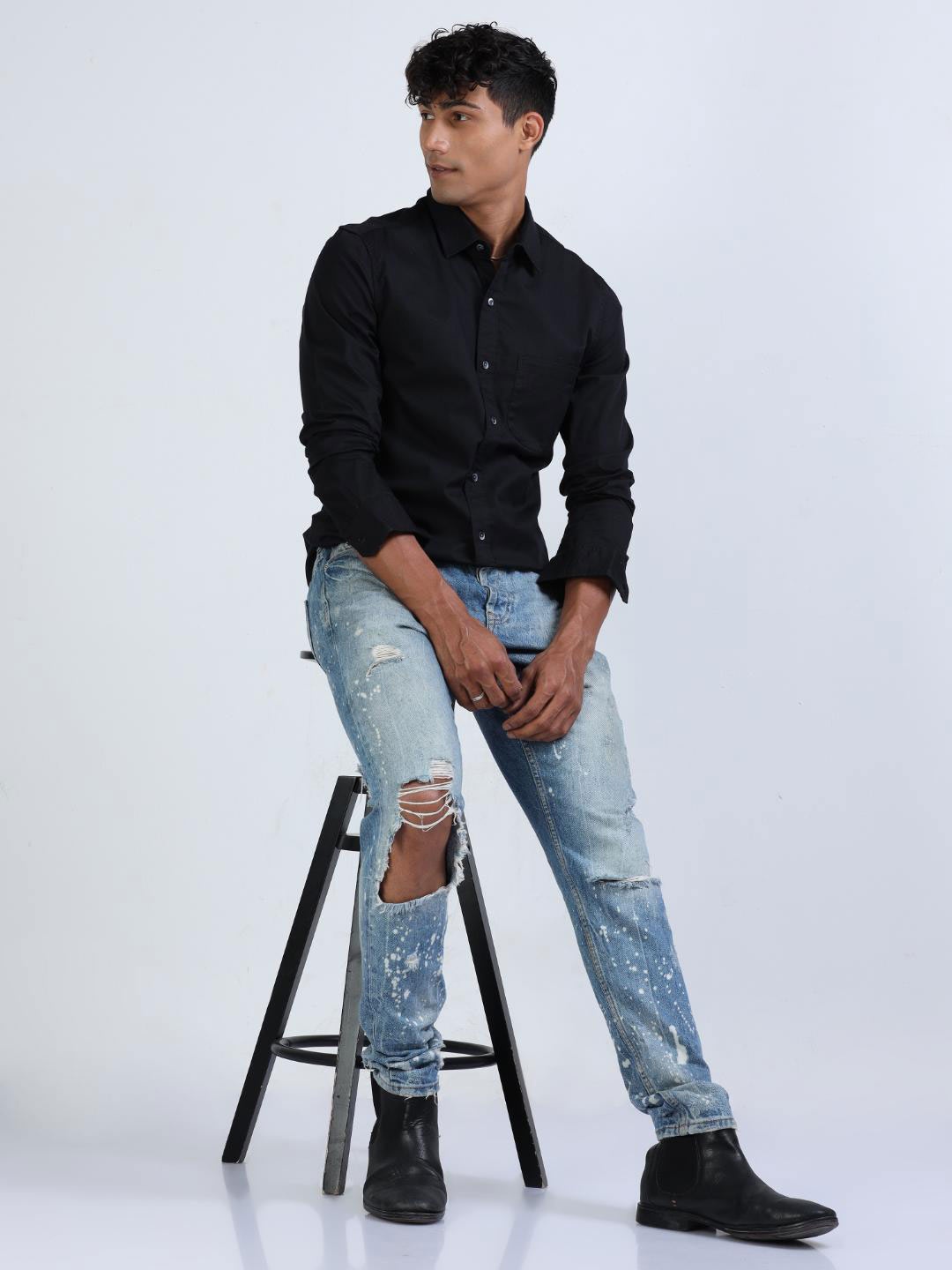 

FLY 69 Premium Slim Fit Pure Twill Cotton Casual Shirt, Black