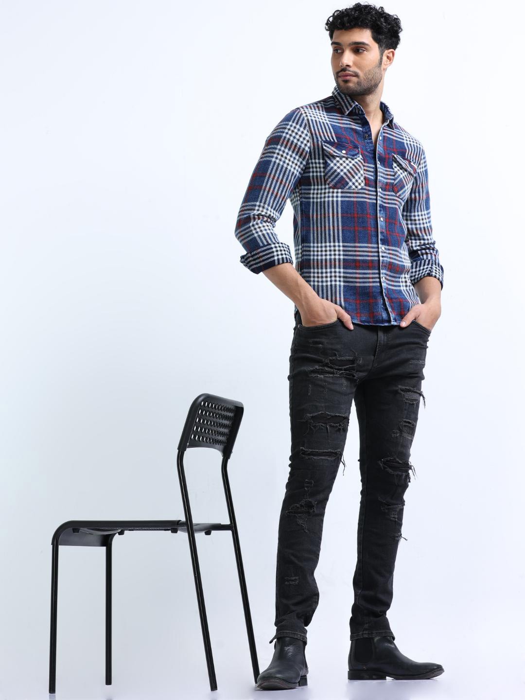 

FLY 69 Men Premium Slim Fit Tartan Checked Denim Casual Shirt, Blue