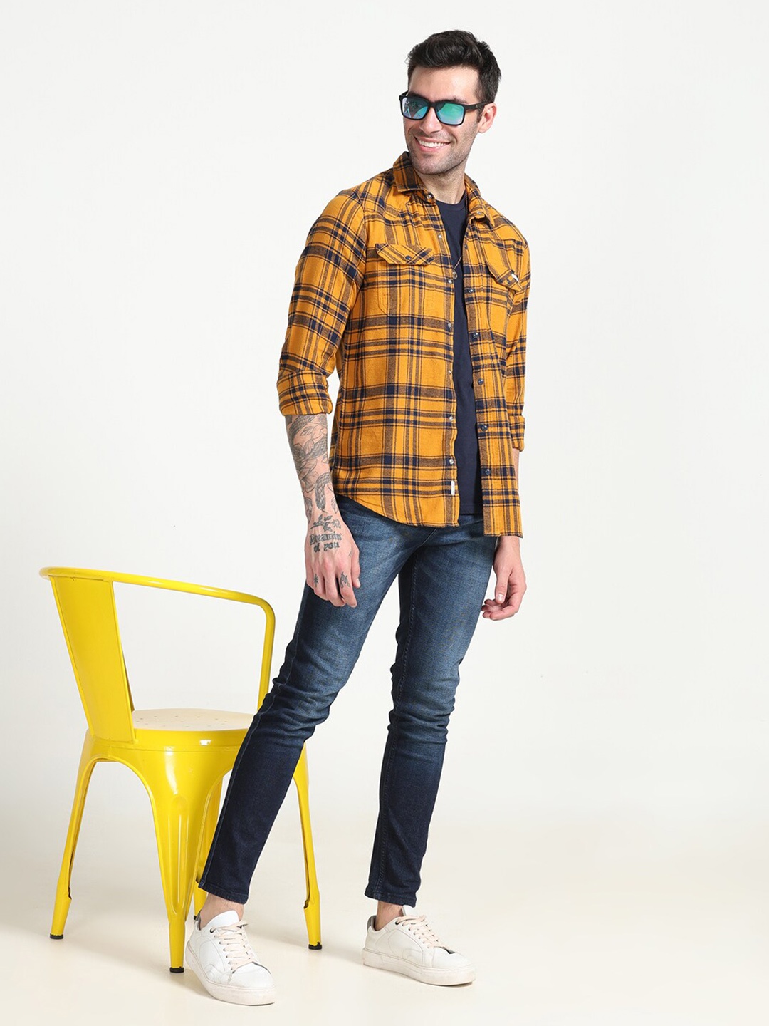 

FLY 69 Premium Slim Fit Tartan Checked Pure Cotton Casual Shirt, Yellow