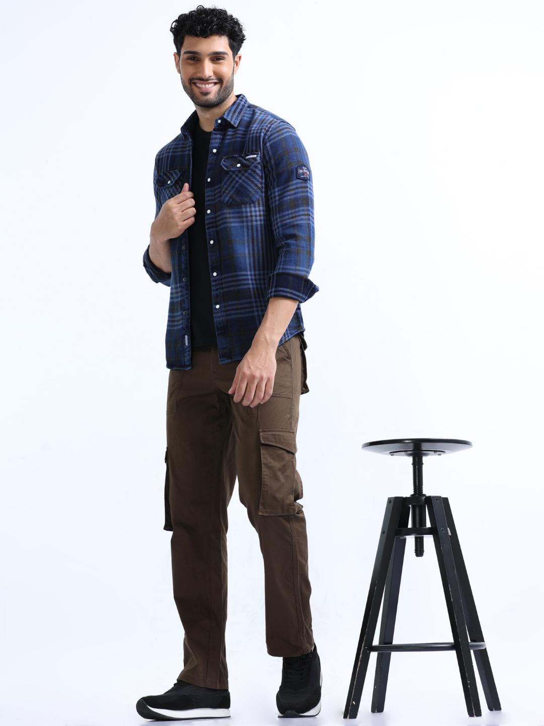 

FLY 69 Premium Slim Fit Checked Denim Weave Cotton Casual Shirt, Blue