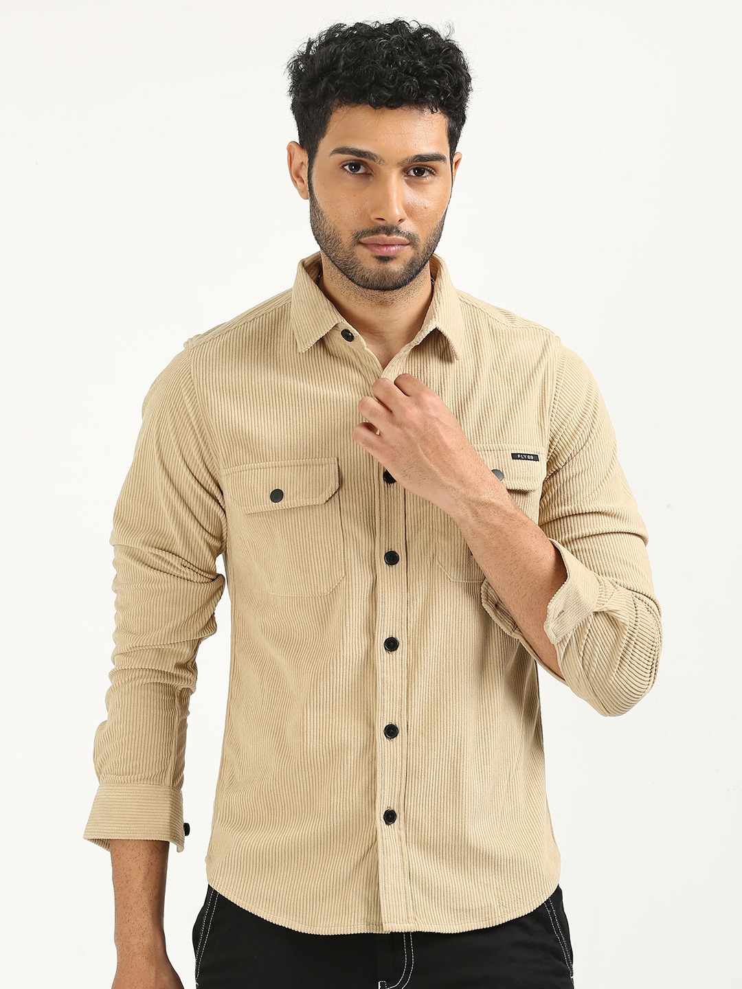 

FLY 69 Premium Slim Fit Spread Collar Corduroy Weave Pure Cotton Casual Shacket, Beige
