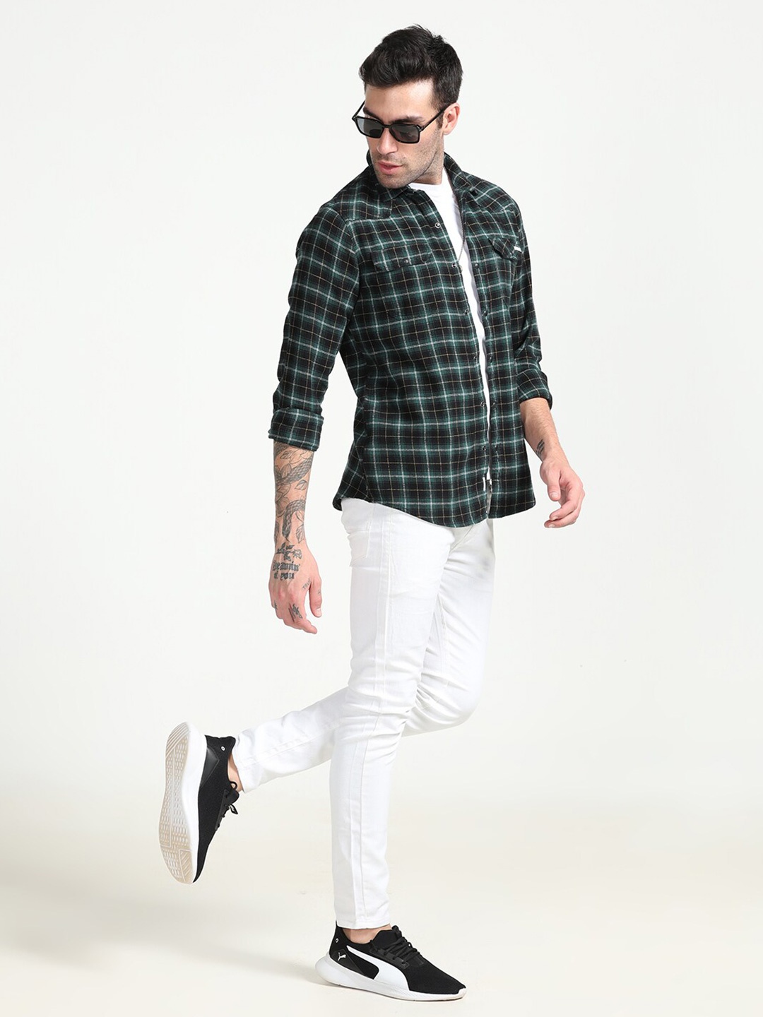 

FLY 69 Premium Slim Fit Tartan Checked Pure Cotton Casual Shirt, Green