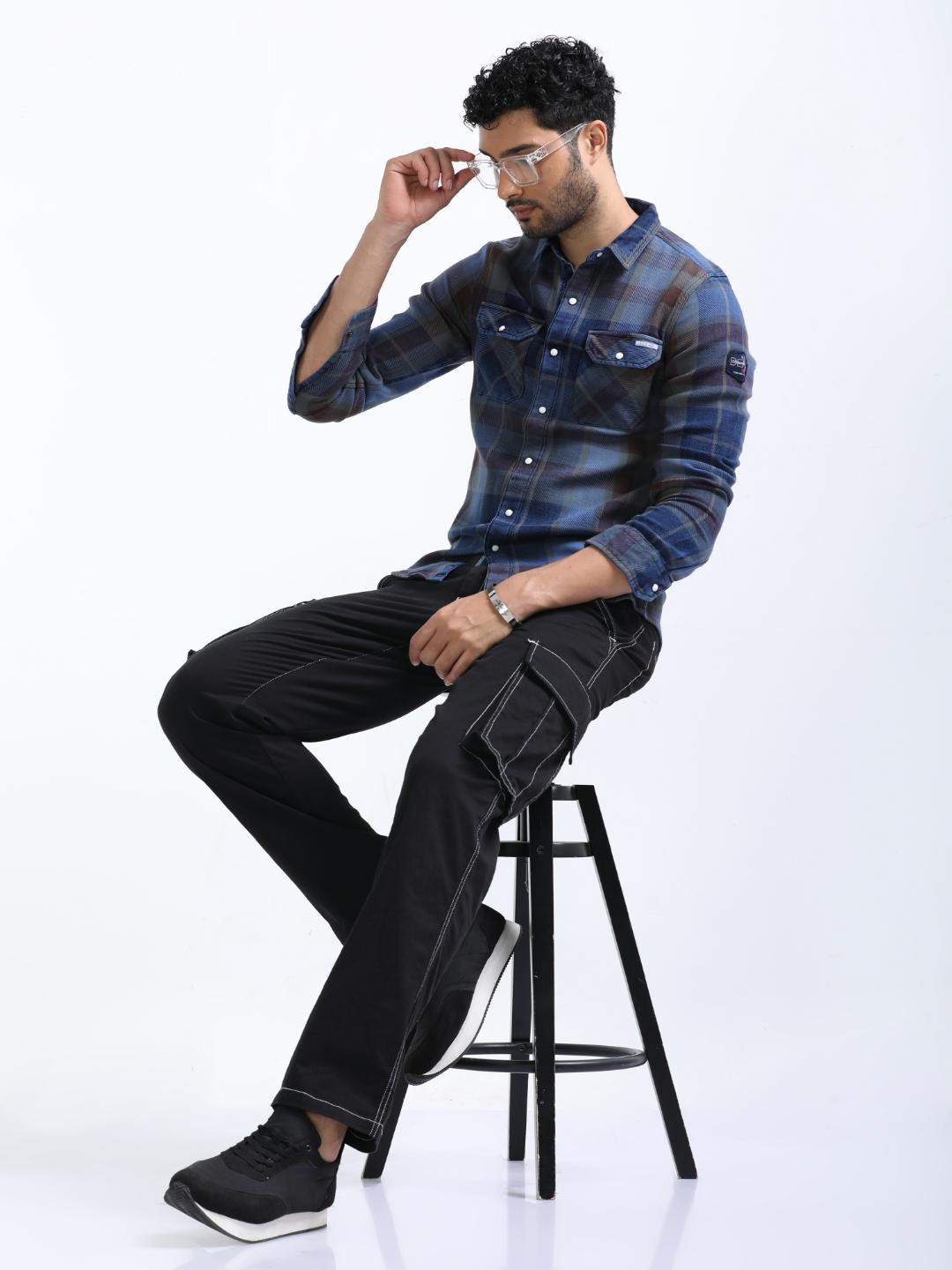 

FLY 69 Premium Slim Fit Tartan Checked Denim Casual Shirt, Blue