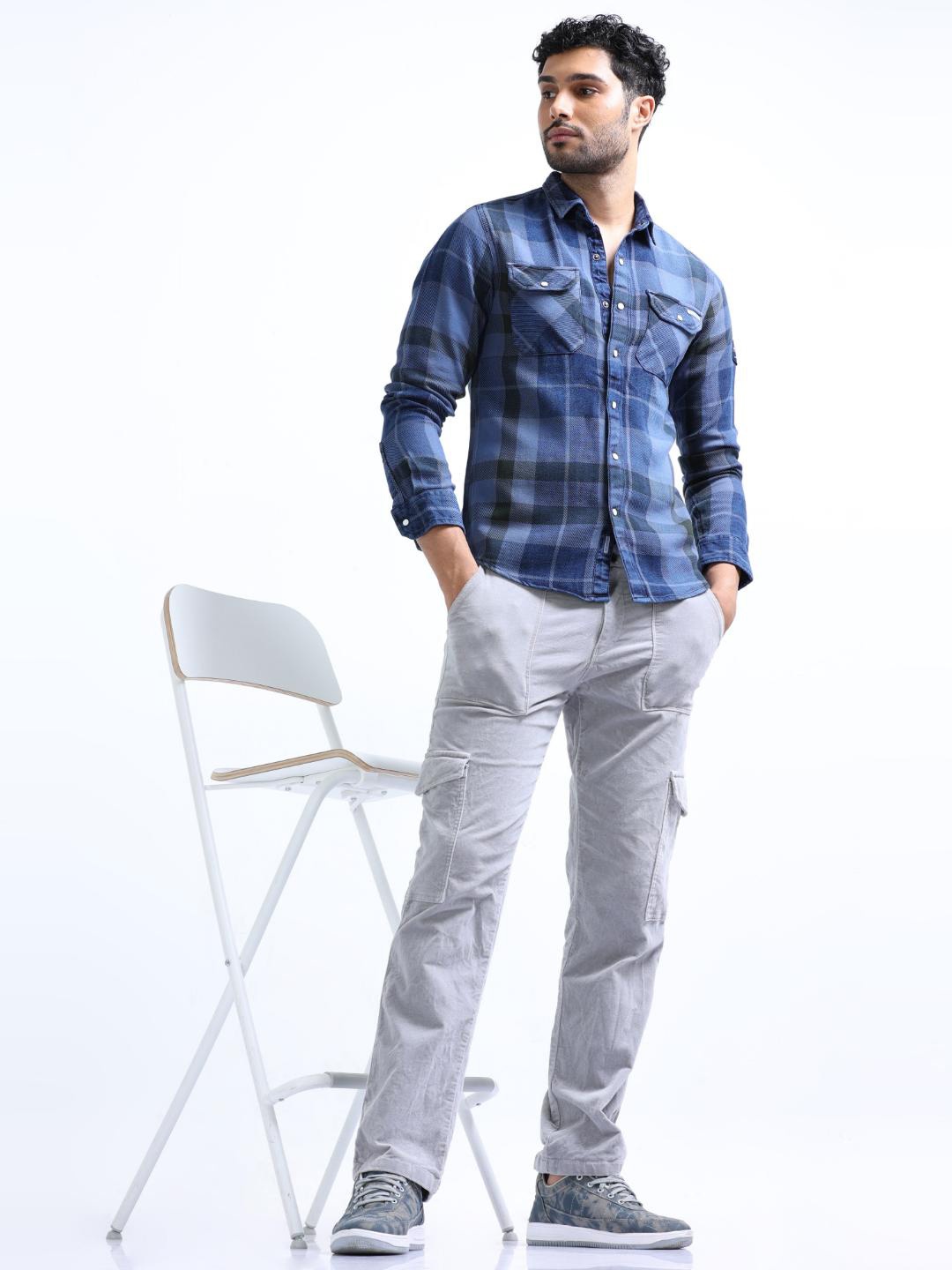 

FLY 69 Premium Slim Fit Tartan Checked Pure Denim Casual Shirt, Blue