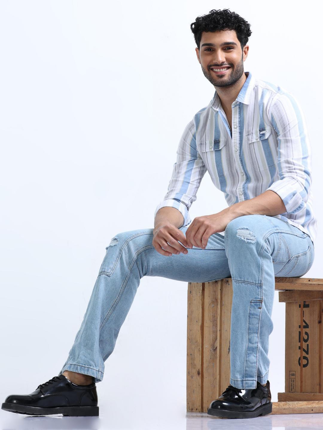

FLY 69 Premium Slim Fit Striped Pure Denim Casual Shirt, White