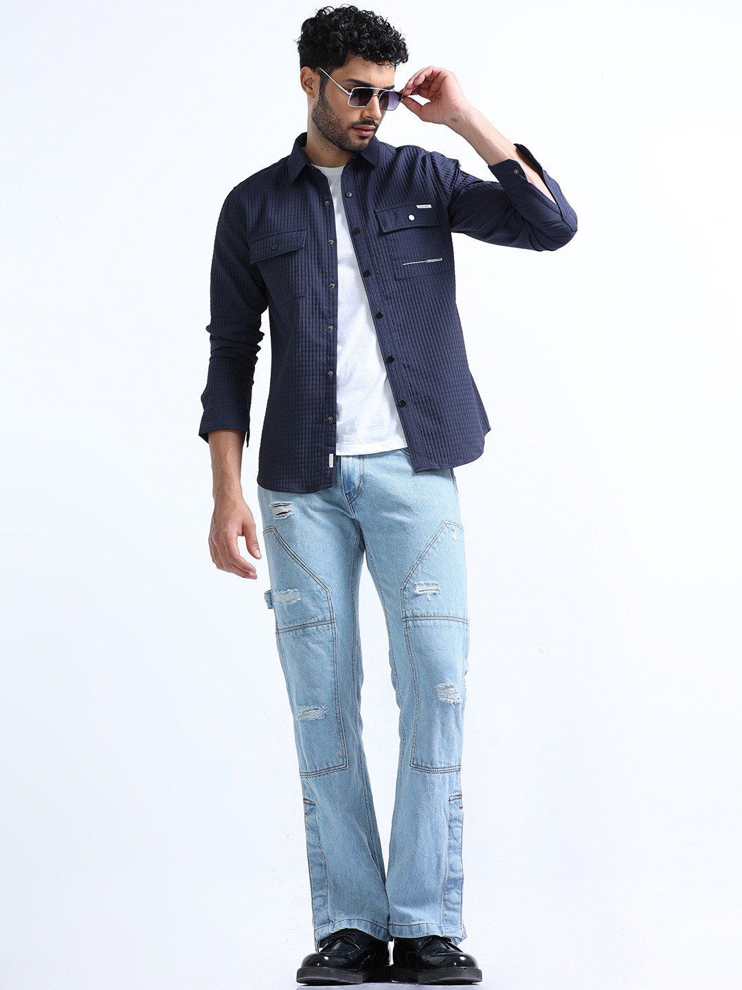 

FLY 69 Premium Slim Fit Self Designed Spread Collar Casual Shacket, Navy blue