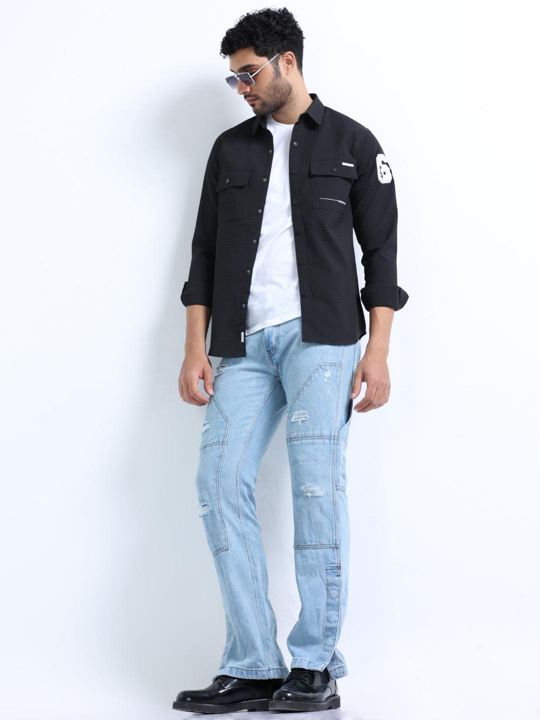 

FLY 69 Premium Slim Fit Self Designed Spread Collar Casual Shacket, Black