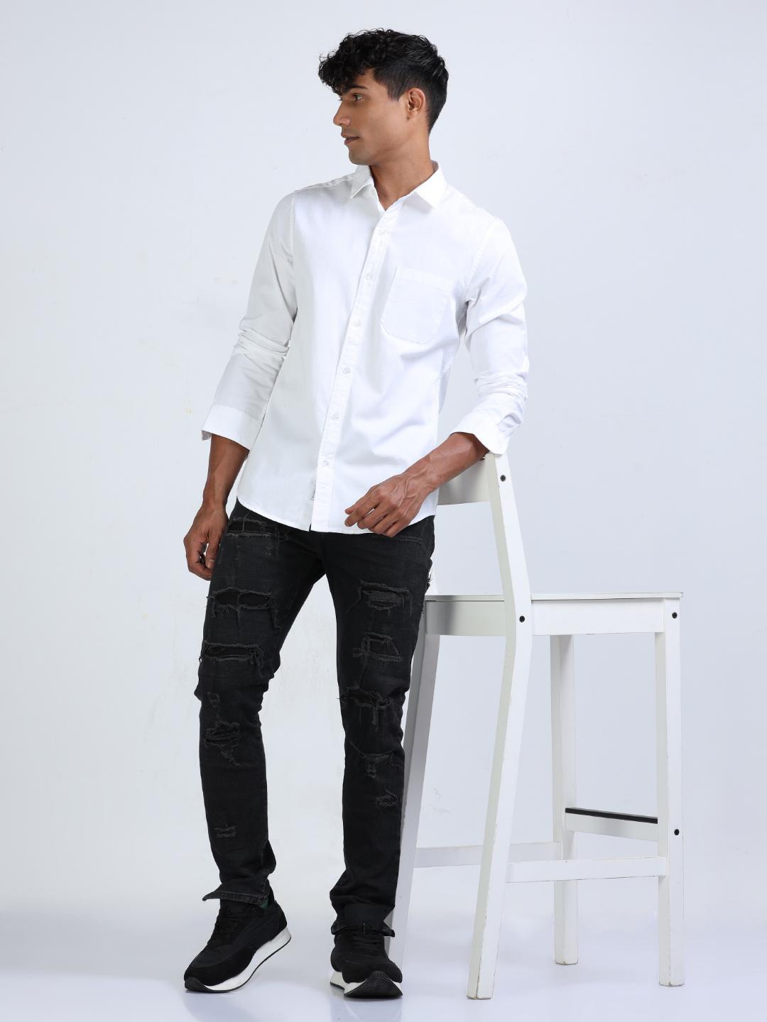 

FLY 69 Premium Slim Fit Spread Collar Twill Weave Pure Cotton Casual Shirt, White