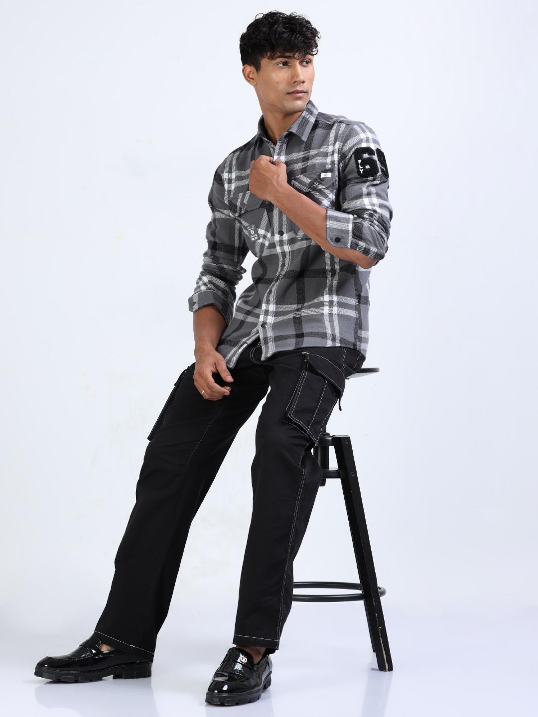 

FLY 69 Premium Slim Fit Tartan Checked Twill Cotton Casual Shirt, Grey