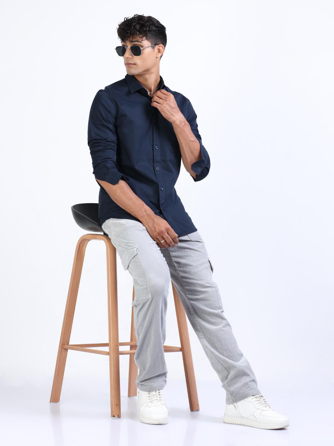 

FLY 69 Premium Slim Fit Checked Twill Cotton Casual Shirt, Navy blue